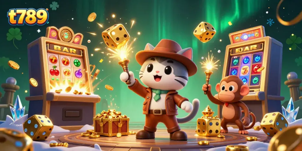 Experience the thrilling world of t789 with a cartoon adventurer uncovering casino treasures.