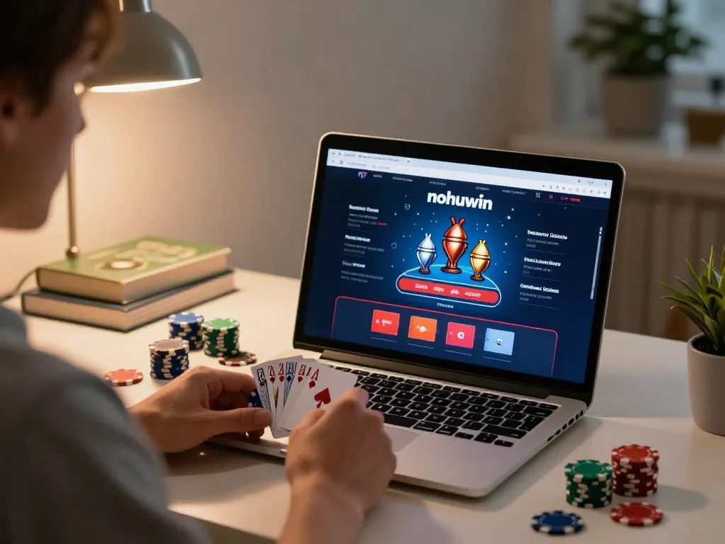 Experience nohuwin online casino poker gameplay with warm home ambiance and strategic focus.