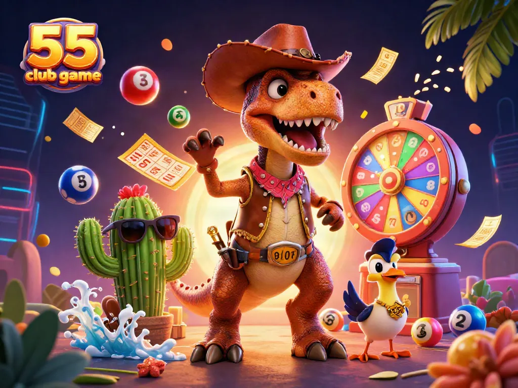 Players engaging with the vibrant 55 club game featuring colorful lottery elements and lively characters.