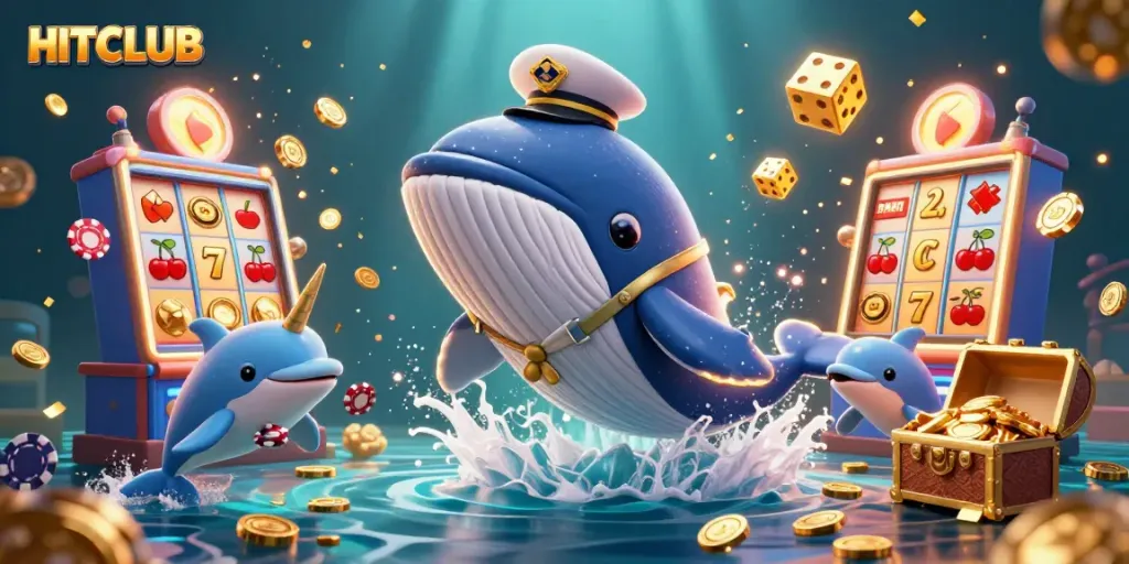 Engage with HITCLUB's thrilling 3D casino adventure featuring a whale, narwhal, and poker chips.