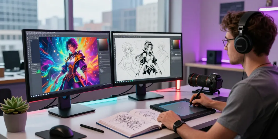Artist using NSFW AI technology to create dynamic digital art in a vibrant studio setting.