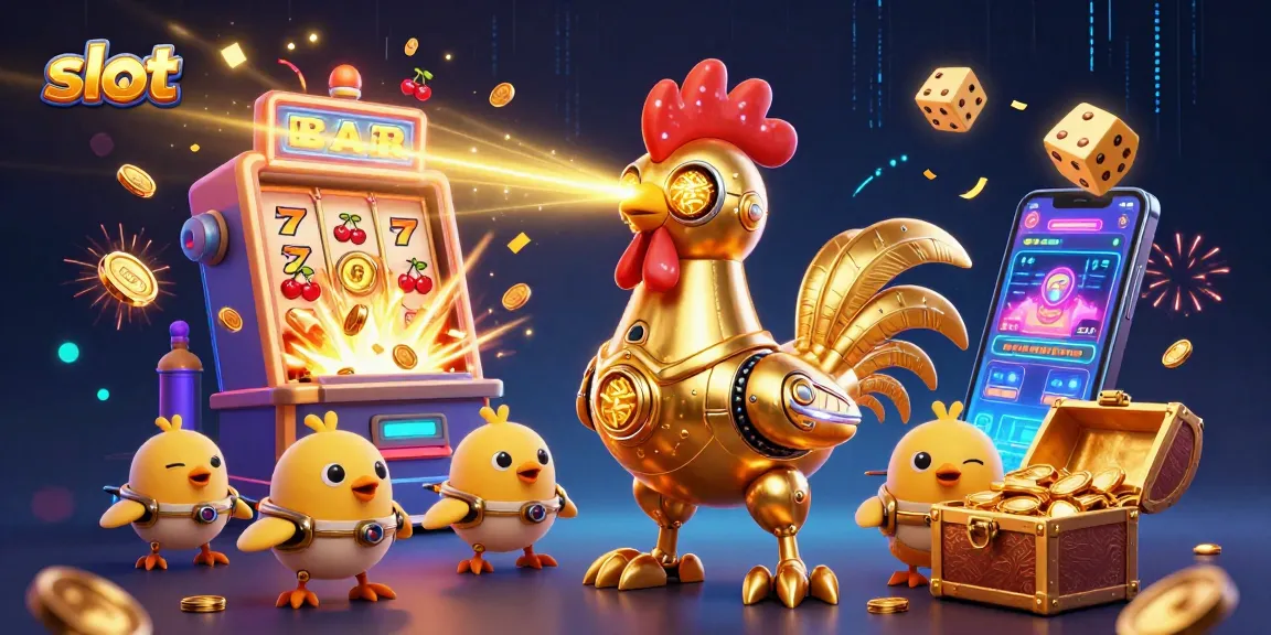 Putar slot dengan jackpot, mesin slot, dan robot ayam emas di latar belakang spektakuler.