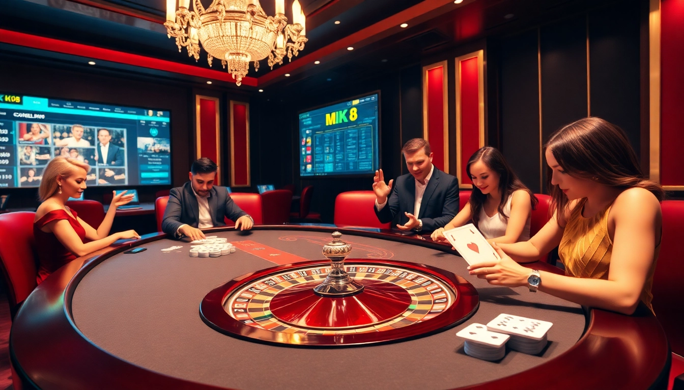 Players enjoying a thrilling game at MK 8 casino with vibrant chips and an elegant atmosphere.