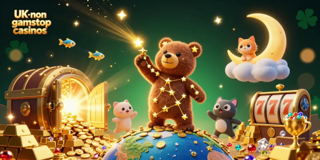 Engage with UK non gamstop casinos through an imaginative 3D casino scene depicting luck and treasure.