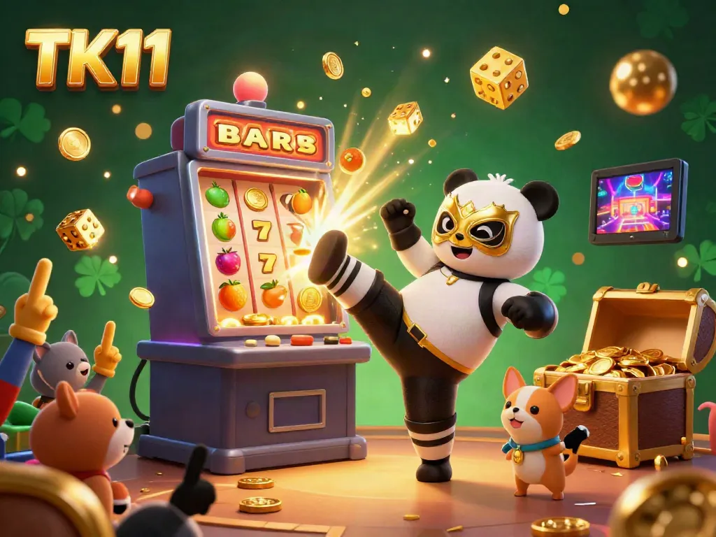 Engage with the thrilling TK11 scene where a wrestler panda performs a flying kick amidst dynamic casino elements.
