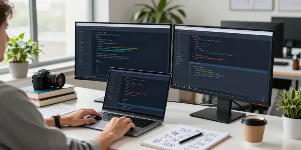Workspace of an LLM API provider developer showcasing dual monitors and coding tools.