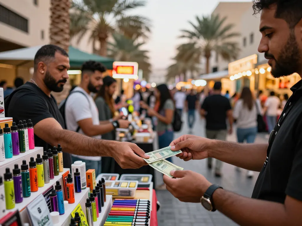 Where can I buy cocaine in Abu Dhabi? Urban Dubai marketplace highlighting vibrant THC vapes and cannabis products.