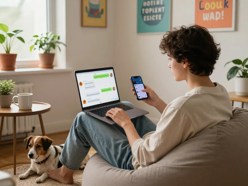 Interactive spicy chat experience in a cozy home office setting, featuring a young adult using a laptop.