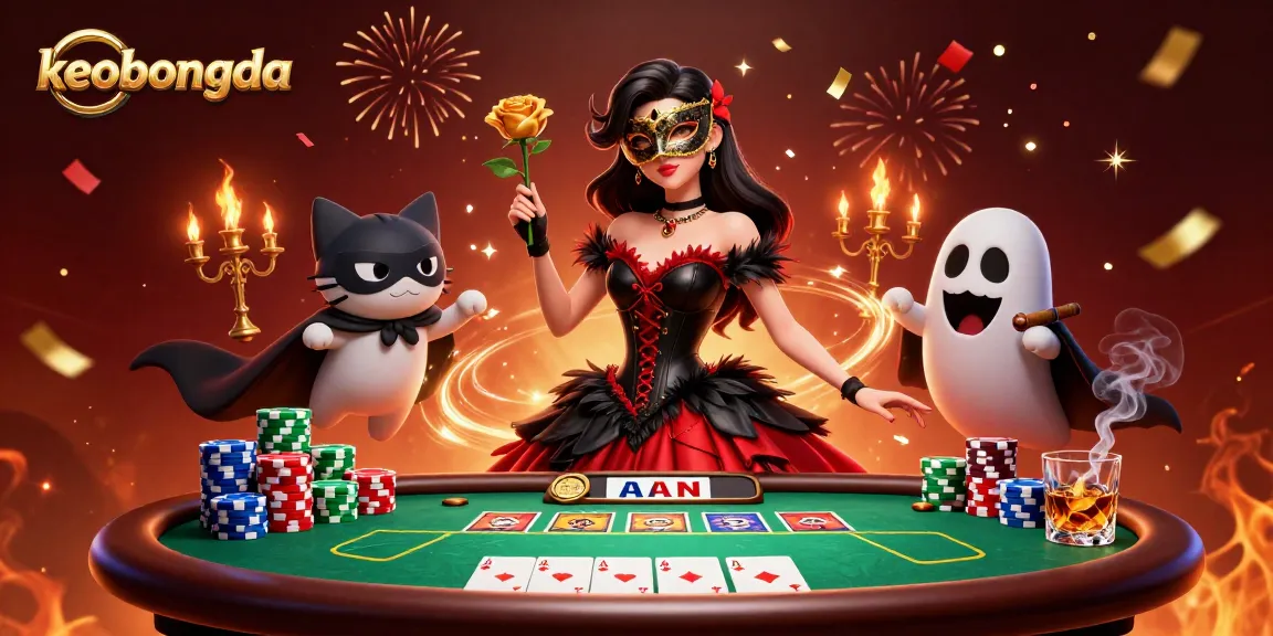 Engage with keobongda's thrilling poker scene featuring a detailed woman in a gown with winning cards and dynamic game elements.