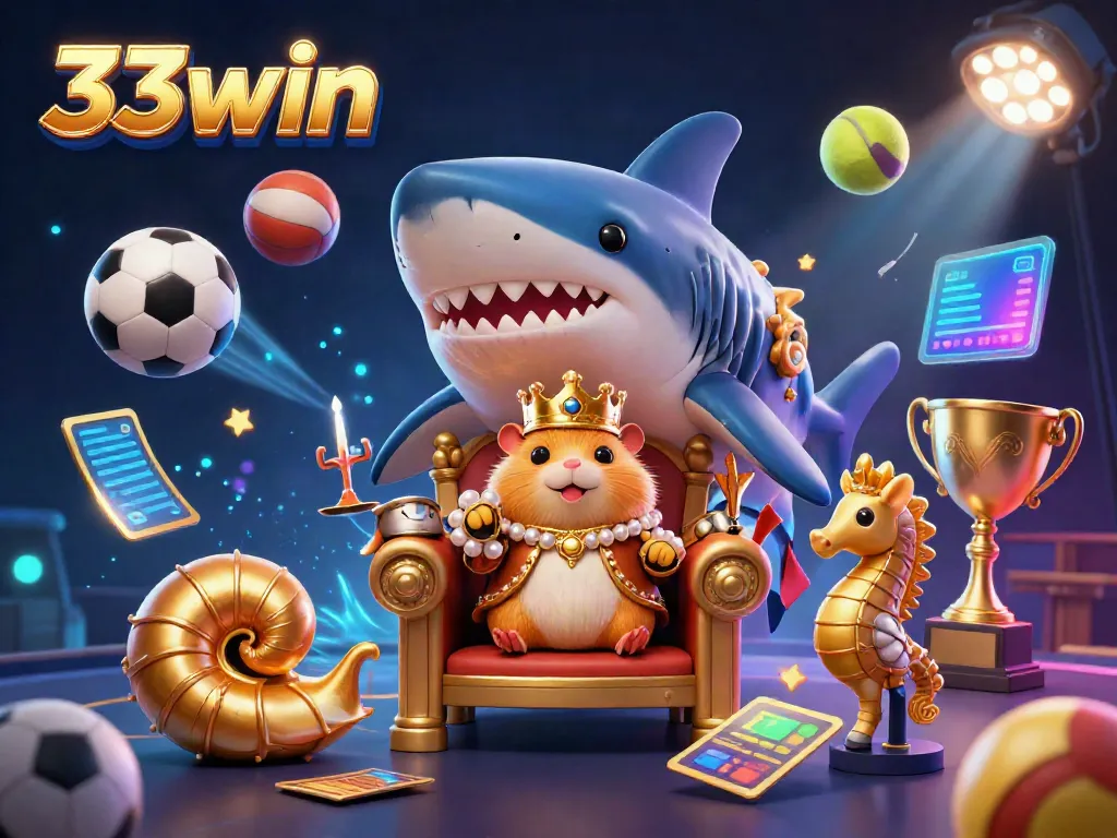 Engage with 33win royal gaming scene featuring a hamster king and dynamic sports elements.