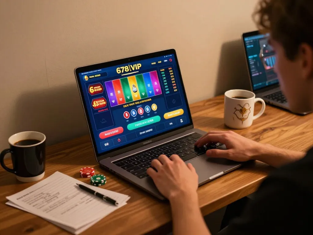 Engaged player using 678vip online casino interface, cozy gaming setup with laptop and strategy notes