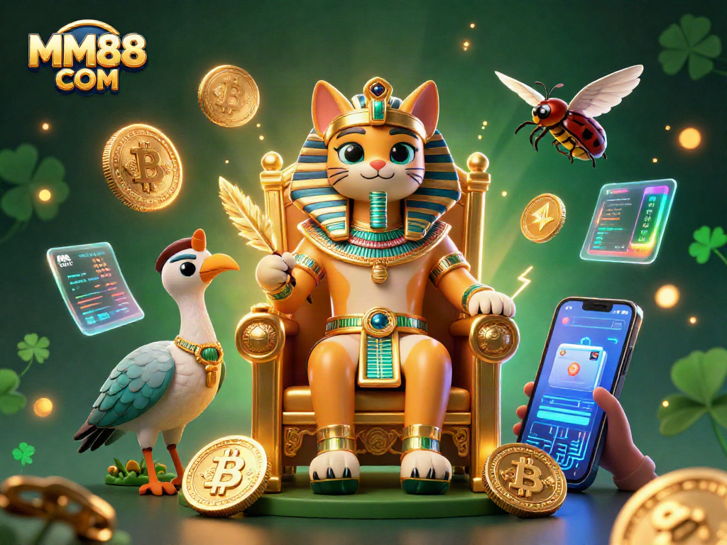 Engage with MM88 COM in this vibrant casino world filled with Egyptian-themed characters and crypto elements.