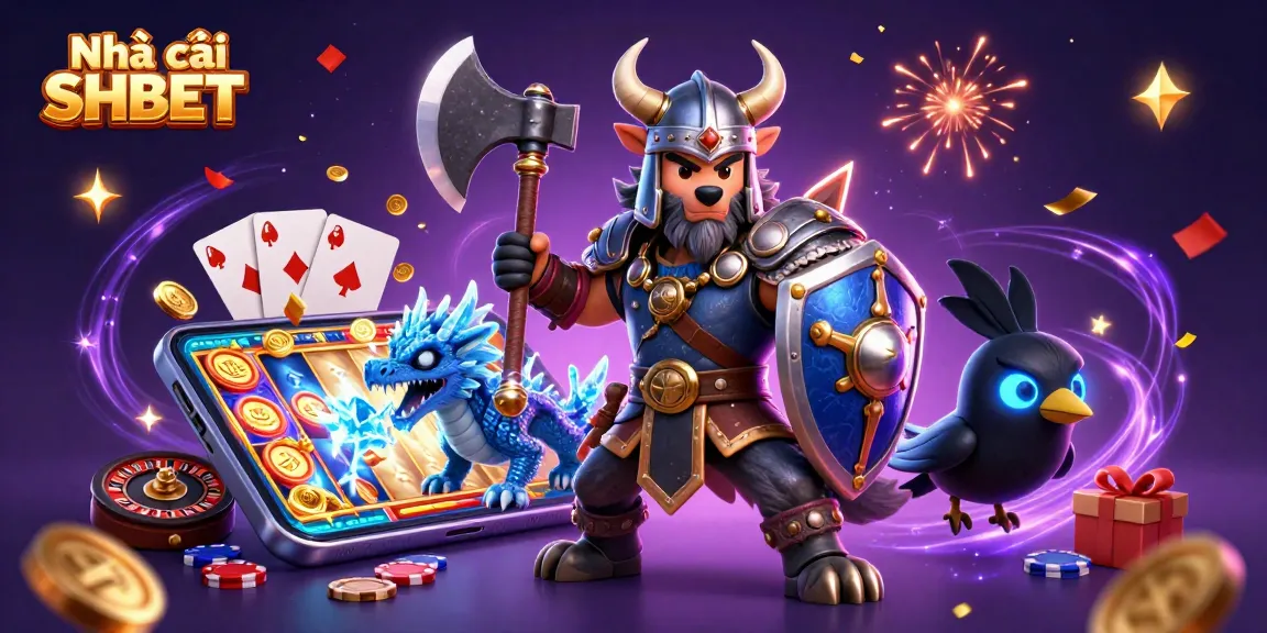 Engage with Nhà cái SHBET through an epic casino adventure featuring a Viking wolf warrior, dragon, and immersive gaming elements.