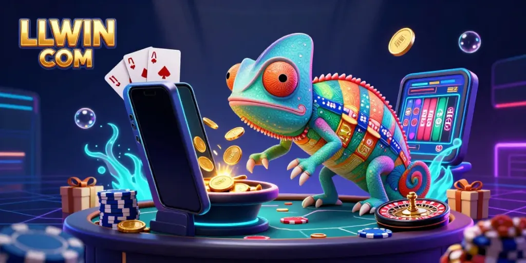 Engage with thrilling gaming at LLWIN COM, featuring a vibrant casino scene with a colorful chameleon owner.