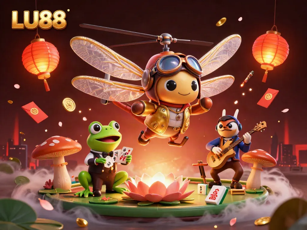 LU88 casino illustration with dragonfly pilot, frog croupier, and musicians creating an engaging gaming atmosphere.