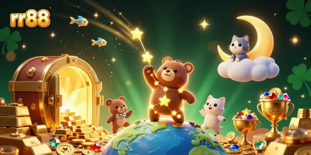 Spin and win with rr88's exciting golden treasures and cosmic companions in this engaging casino scene.