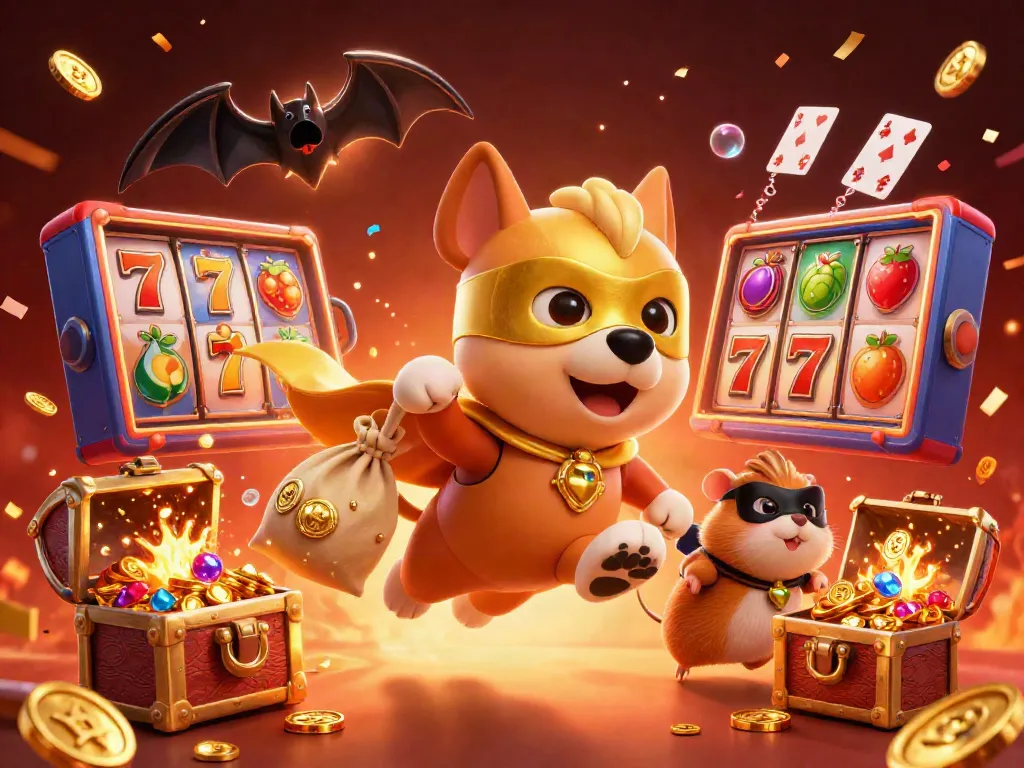 Win big with hm88 at this exciting casino scene featuring a superhero dog and hamster with vibrant gaming elements.