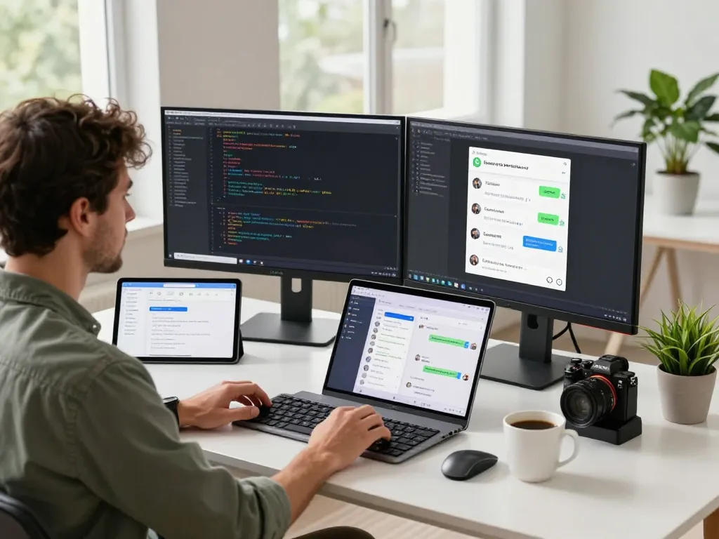 Open claw assistant in a tech workspace with developer at dual monitors, showcasing AI integration.