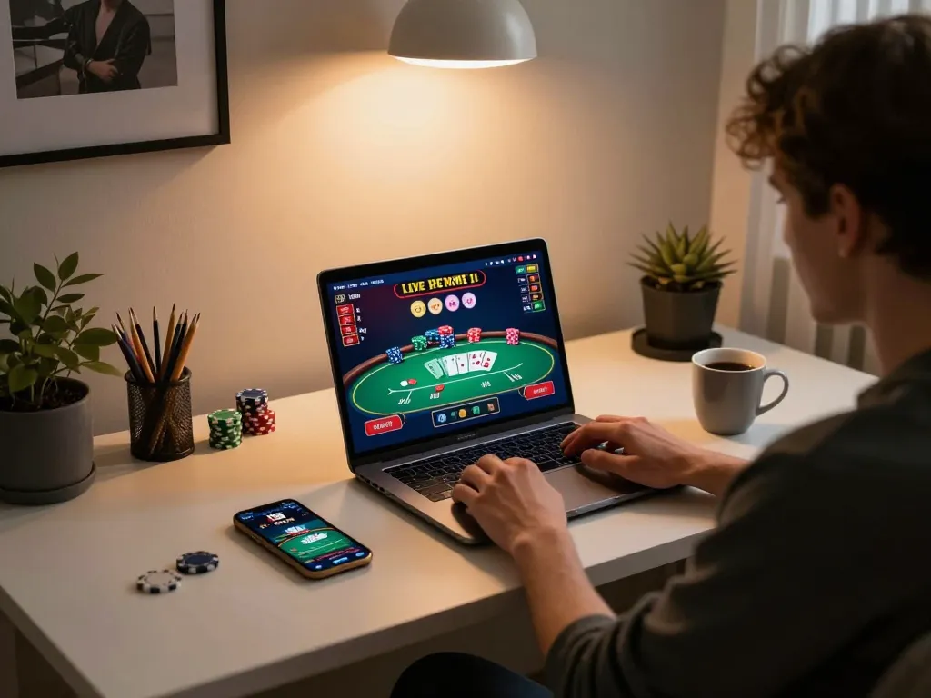 Engaged player on trang chủ 566 enjoying live casino games on a laptop in a cozy gaming setup.