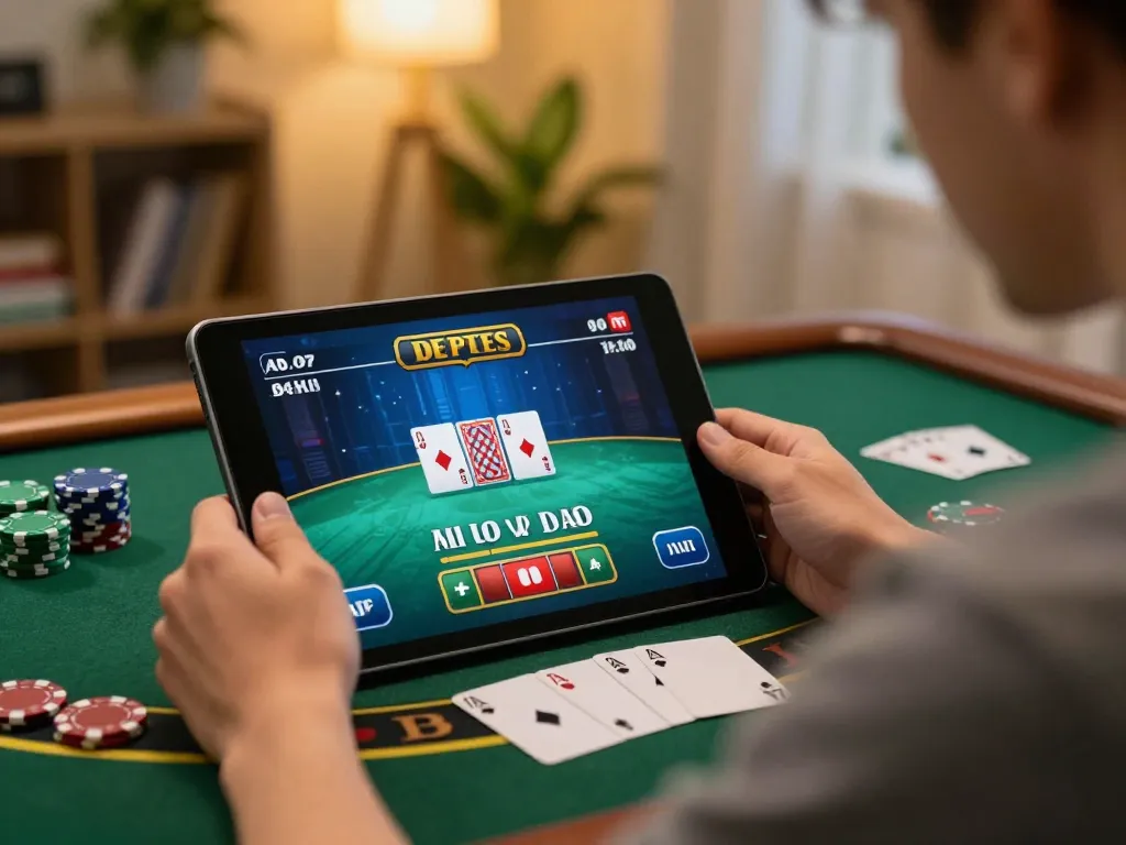 Engaged in KK55 đăng nhập while enjoying a live blackjack game on a tablet, highlighting interactive gameplay.