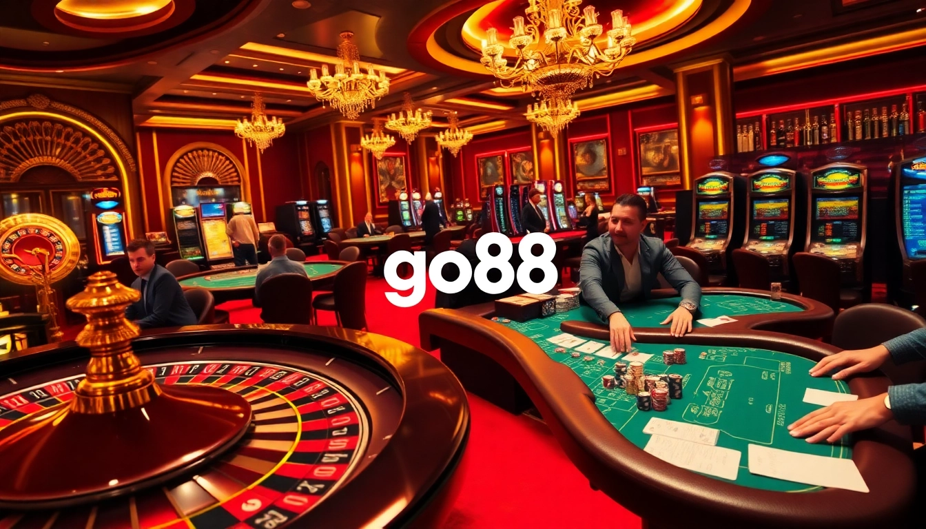 Players enjoying thrilling games at a luxurious casino with go88 branding visible, emphasizing excitement.