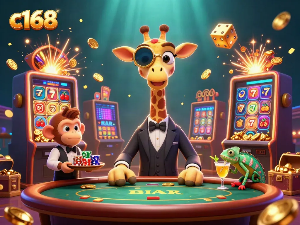 c168 high-roller giraffe bets big at a vibrant casino scene surrounded by fun gaming elements