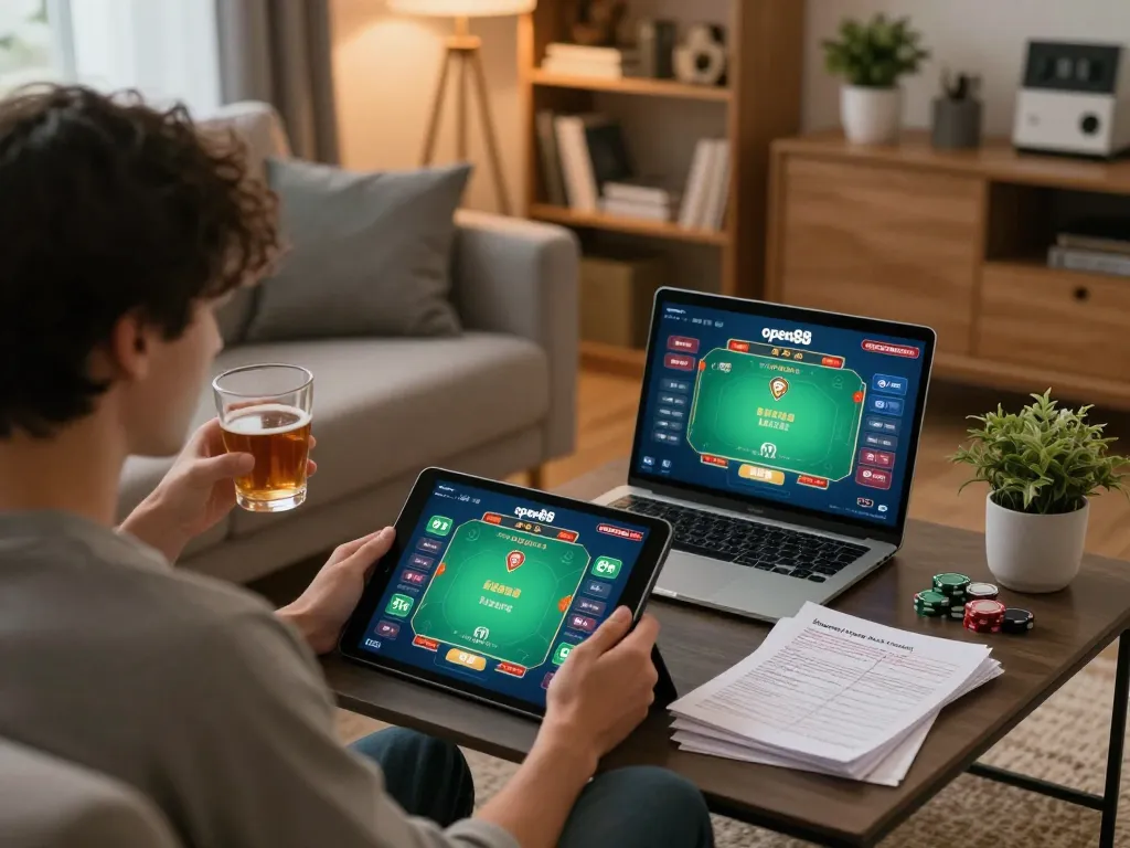 Engaging with open88 bet on a tablet in a cozy home set-up with a warm atmosphere and strategic notes