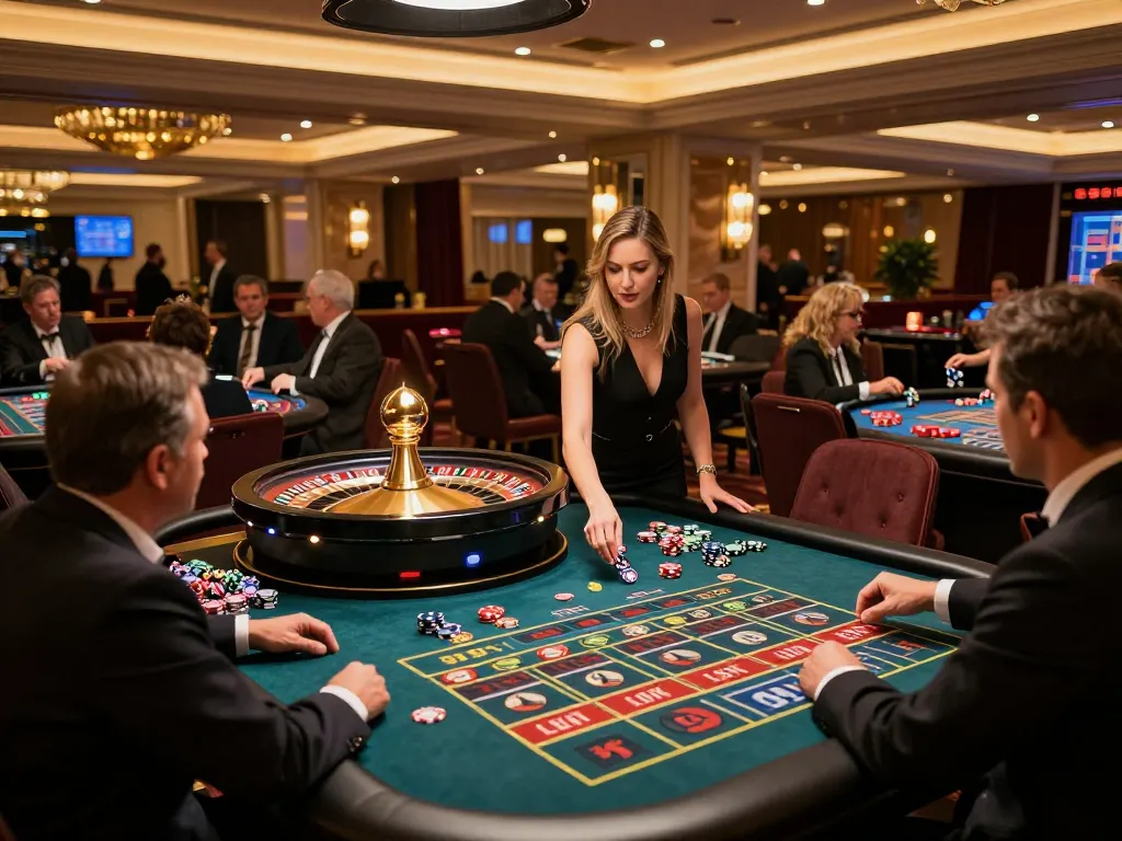 Players placing bets at nk88's roulette table under warm casino lights