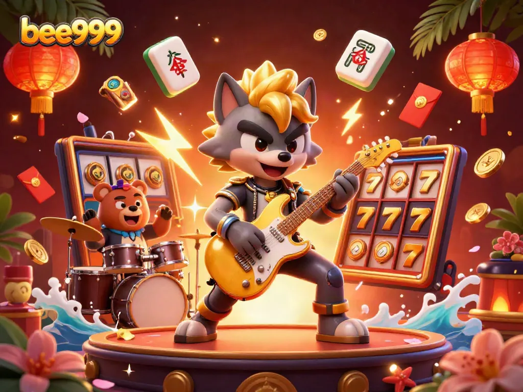 Experience vibrant slot gaming in bee999 with a rock star wolf and thrilling casino elements.