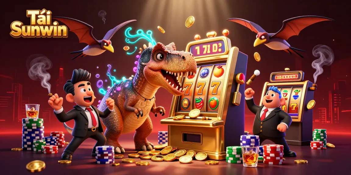 Tải Sunwin as a cartoon pachycephalosaurus wins coins from a slot machine in a vibrant casino scene