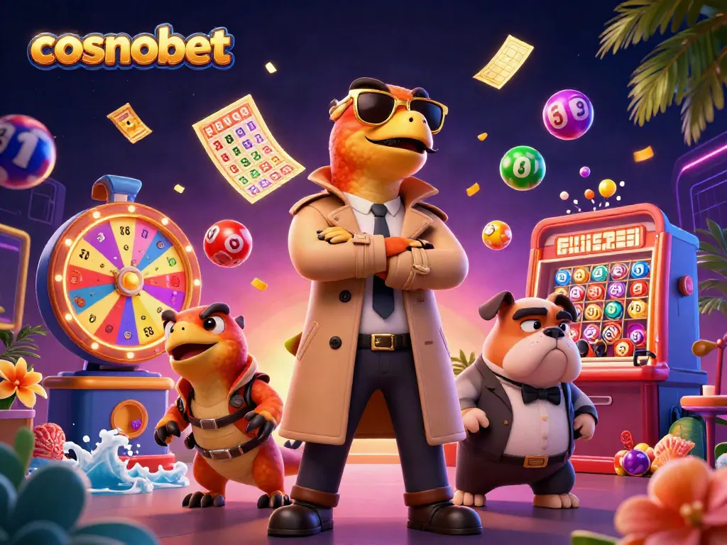 Experience fun at Cosmobet with colorful lottery elements and raptors entering a VIP casino scene.