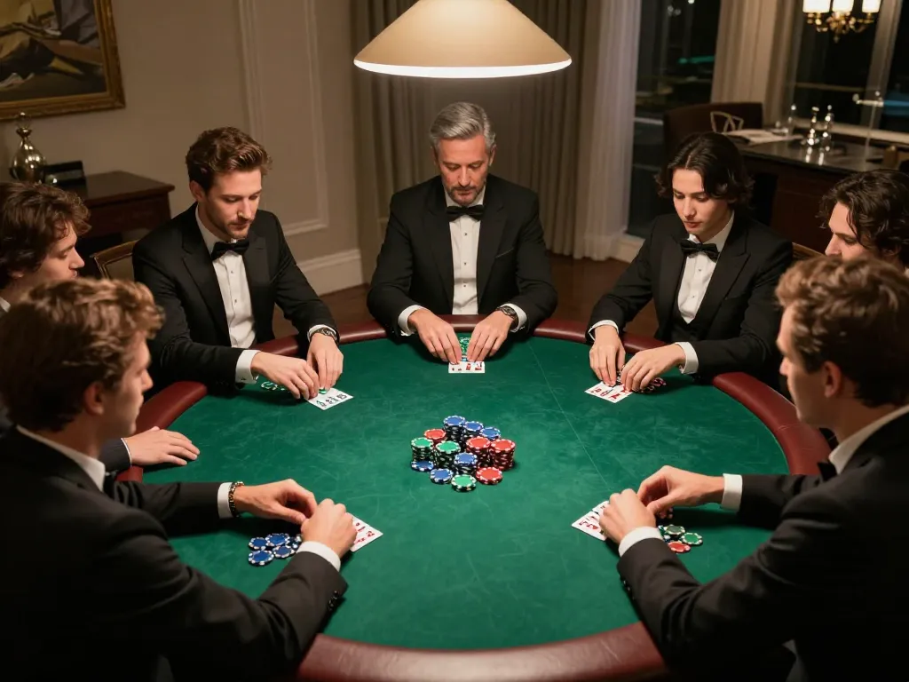 Players enjoy a focused poker game at home, showcasing their skills with dv88 amid scattered chips and warm lighting.