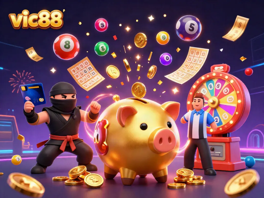 Experience thrilling wins with vic88 in a vibrant gambling scene featuring dynamic characters and action-packed elements.