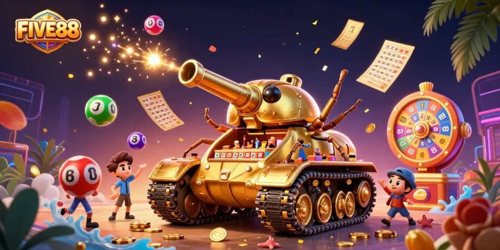 Experience excitement at FIVE88 with a vibrant casino scene featuring lively characters and dynamic lottery elements.