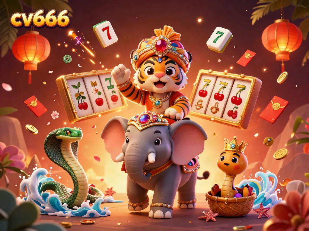 Experience the vibrant excitement of cv666 with a tiger and elephant amidst dazzling casino elements.