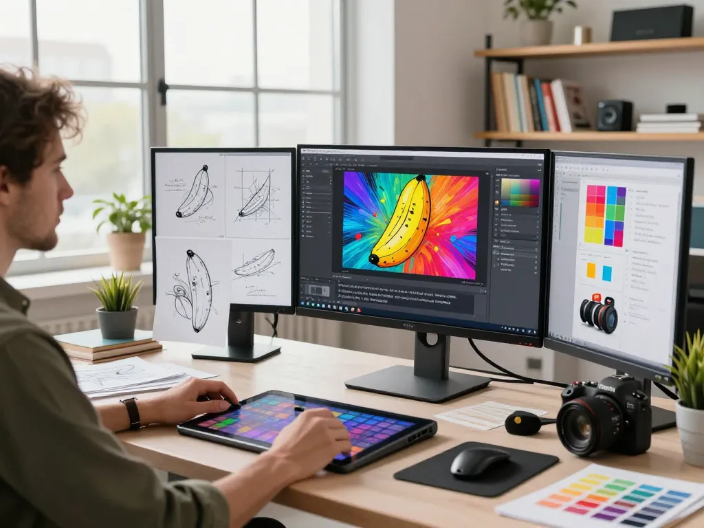 Digital artist using Nano Banana Pro for creative image editing in a bright studio.