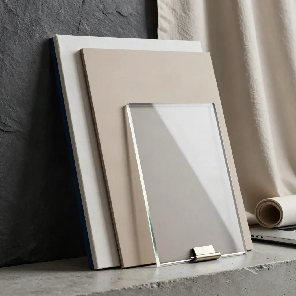 Hero website mockup boards beside acrylic block, laptop and rolled backdrop in a cool studio
