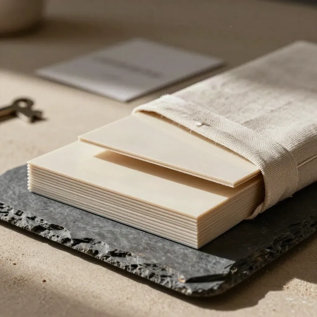 Macro of cream brand panels and a linen-wrapped bundle on slate with dramatic side light.