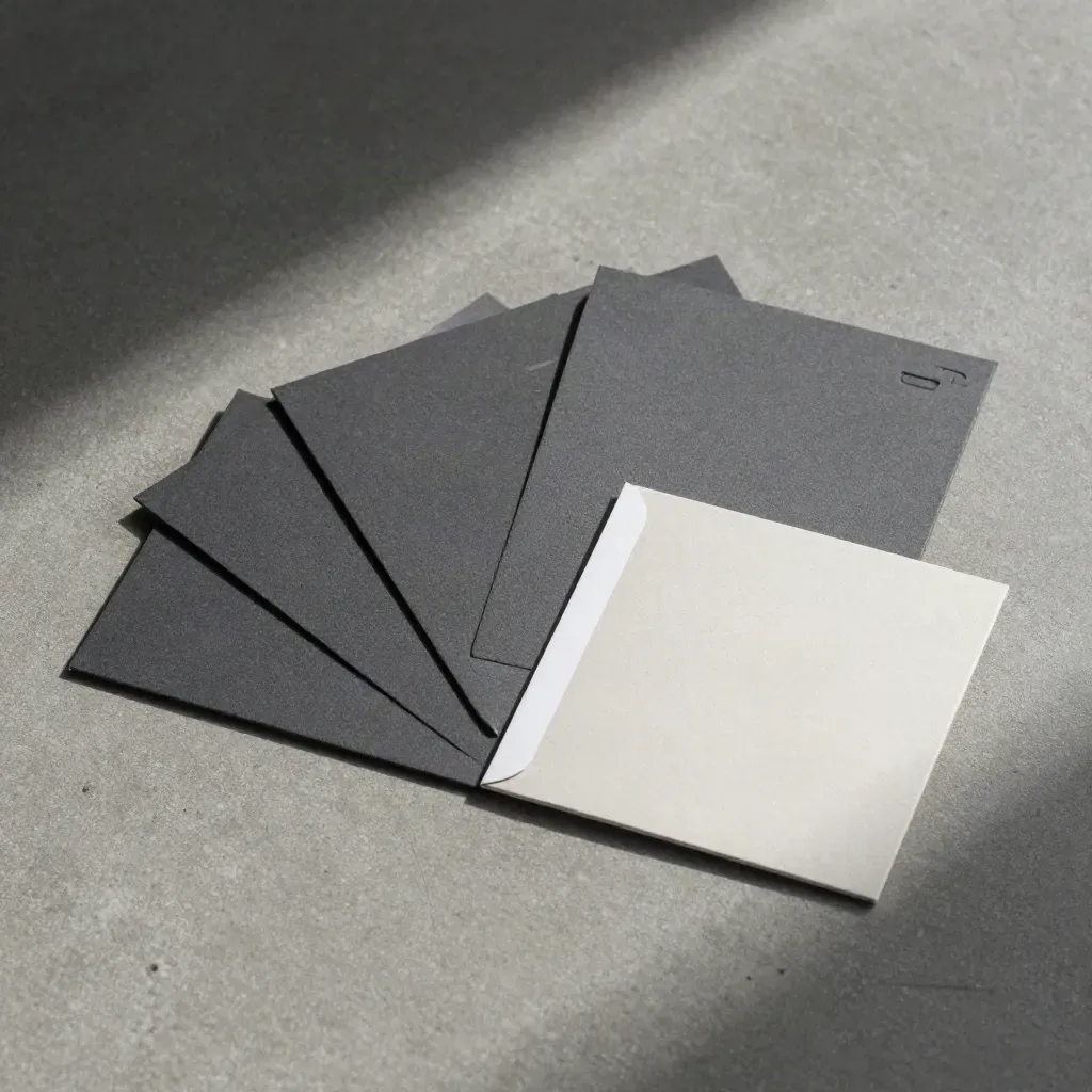 Three matte cards, reveal folder and white swatch strip on graphite felt, overhead.
