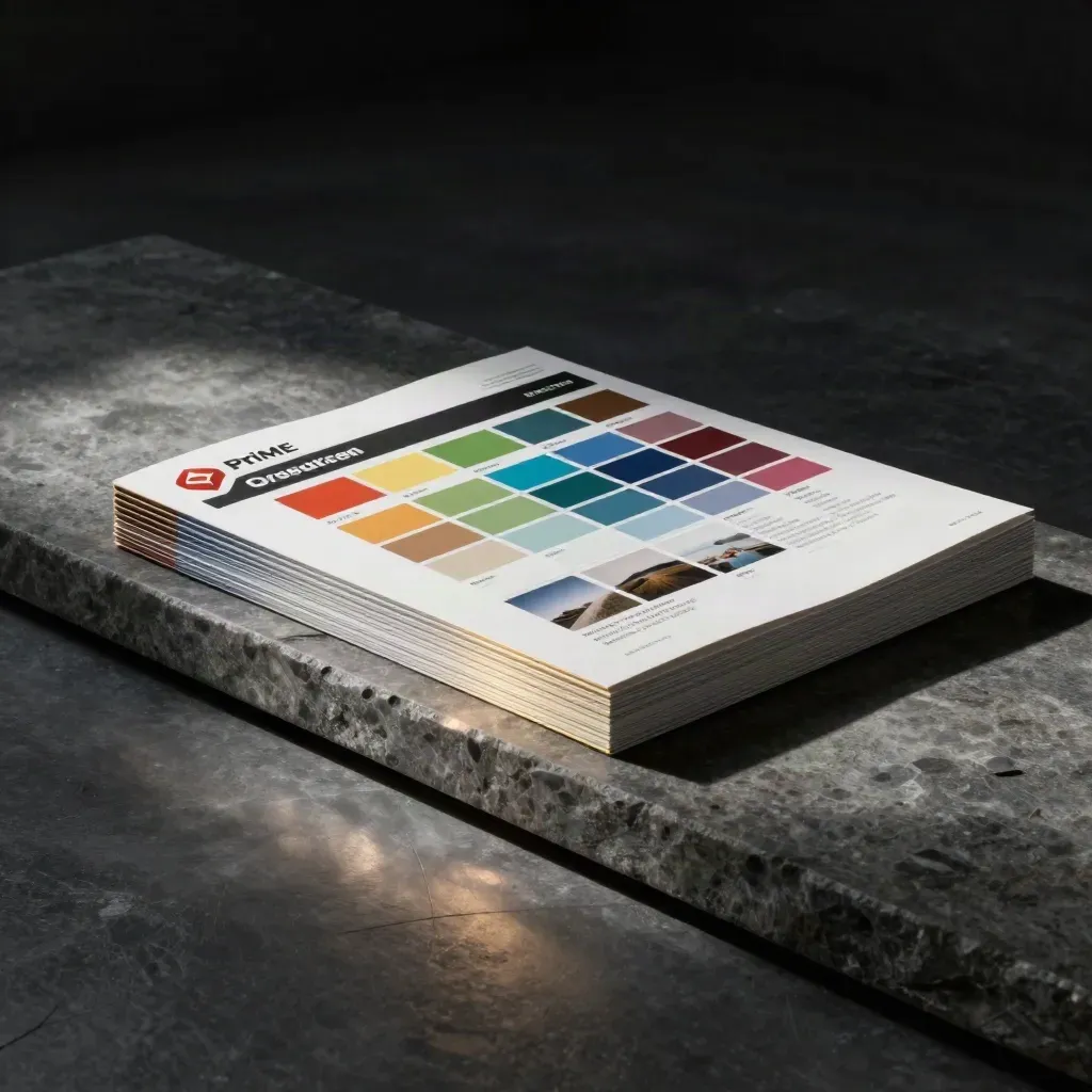 Logo boards and swatches sliding across stone in a dramatic studio scene