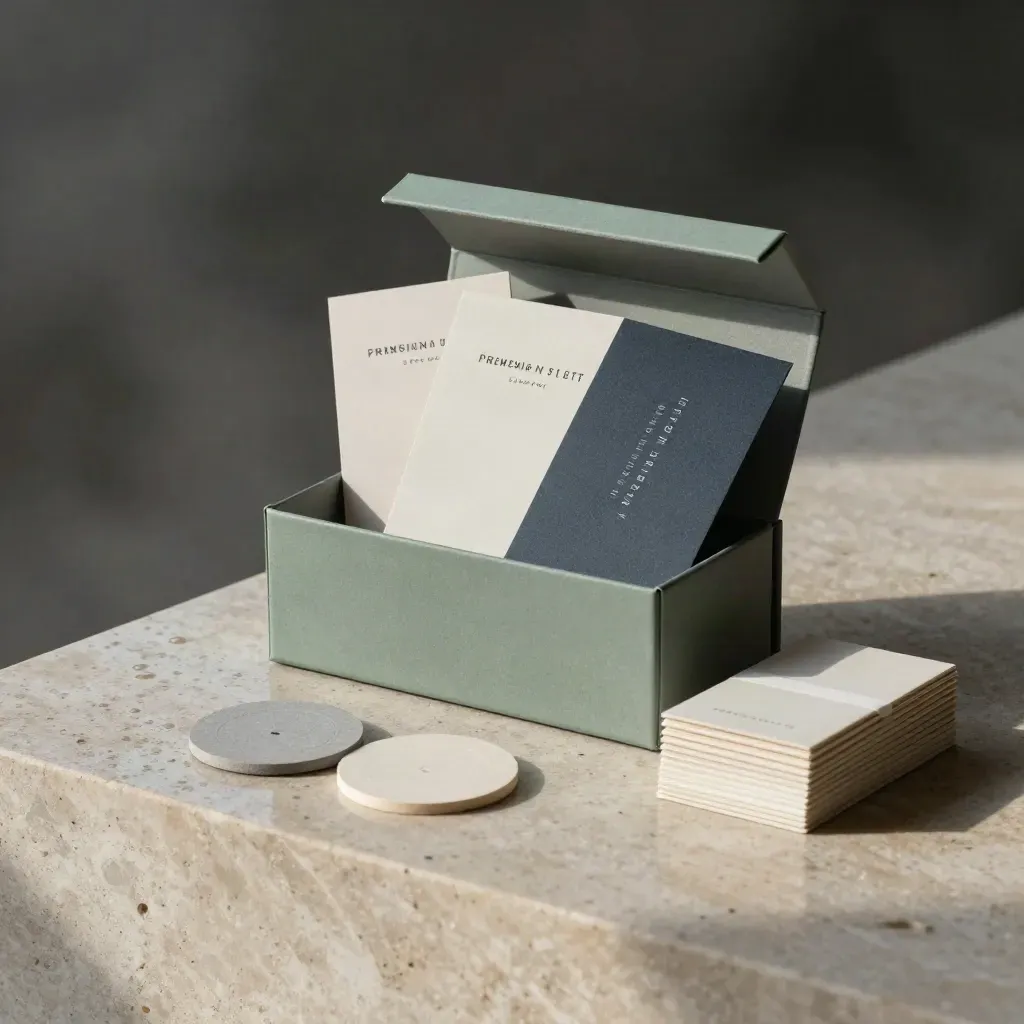 Startup logo kit with box, logo cards, folder and swatches on limestone in misty morning light.