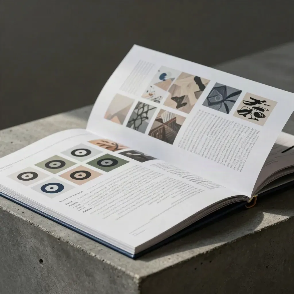 Open brand audit folio with proof sheets, logo tiles and swatches on a concrete plinth.