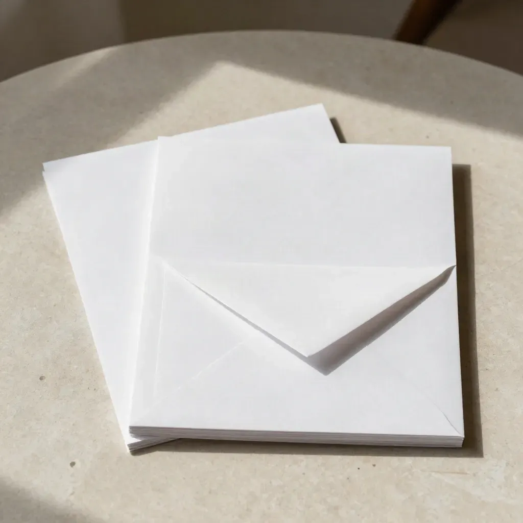 Overhead flatlay of white print design sheets, card blanks, envelope mockups, and proof corners on stone.