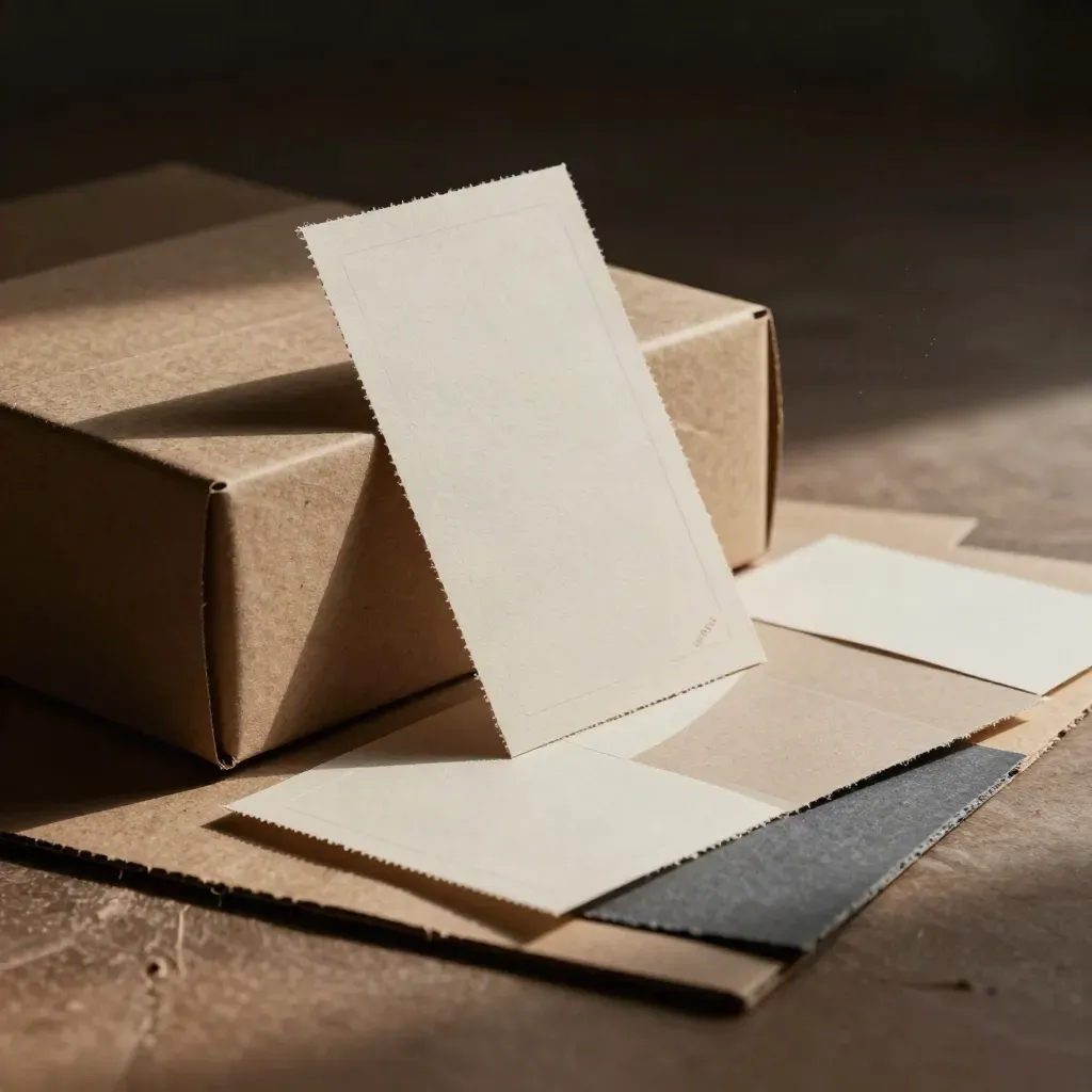 Macro of kraft packaging mockups with one sleeve tipped upright on a dusty board.