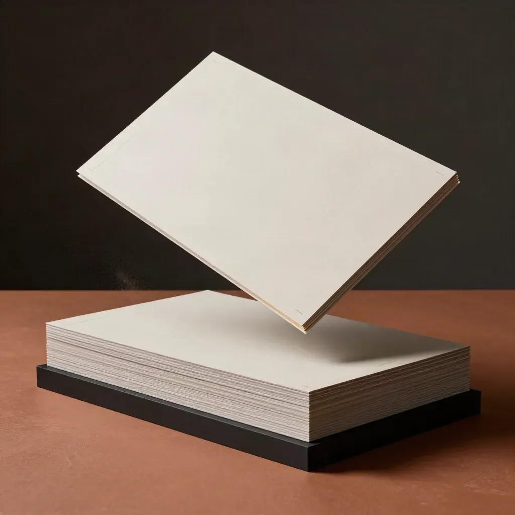 Unbranded launch graphic boards stacked on a black acrylic monolith, lit on a terracotta plinth.