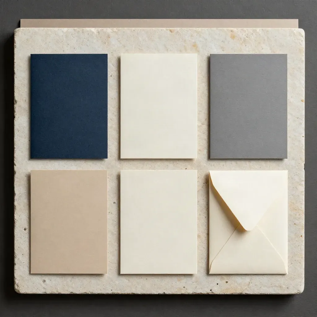 Top-down brand board kit with matte cards, shade chips and a folded envelope on pale stone.
