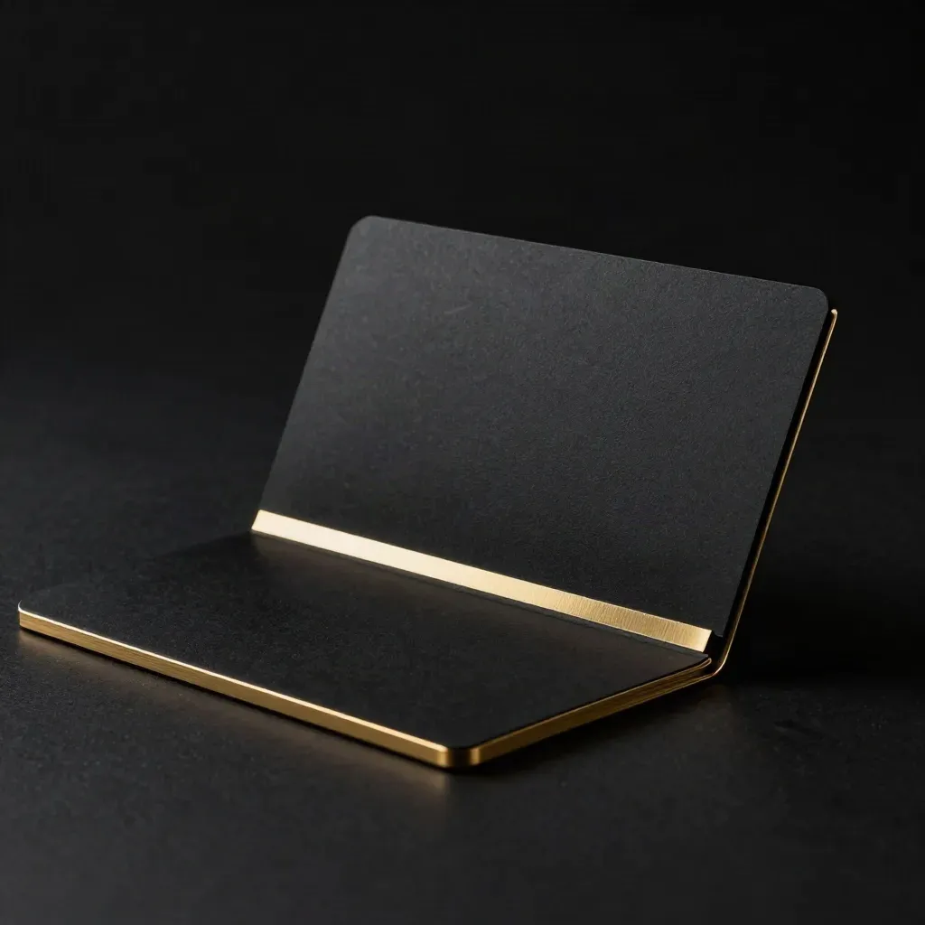 Matte-black startup logo pack sleeve with two rigid boards and a gold-edged reveal.