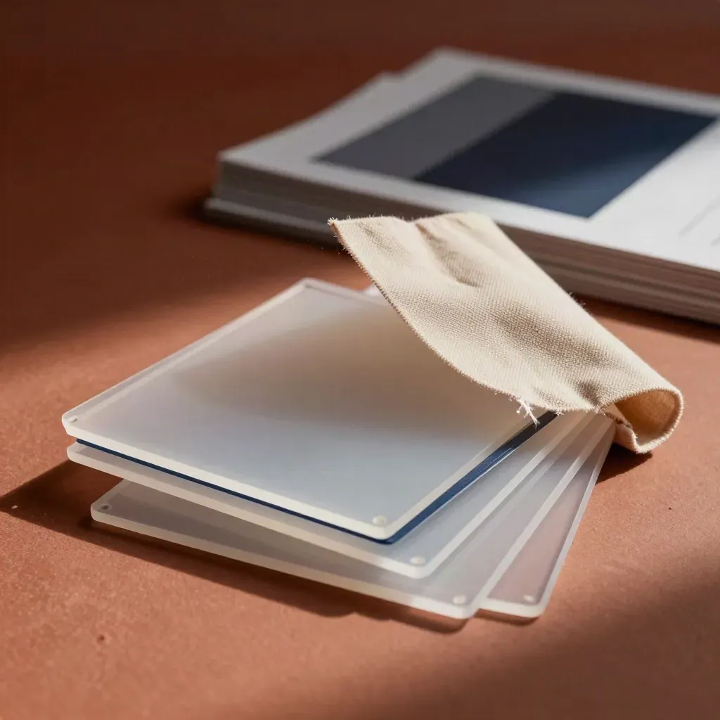 Macro fan of acetate tiles, paper templates and fabric wrap on terracotta plaster