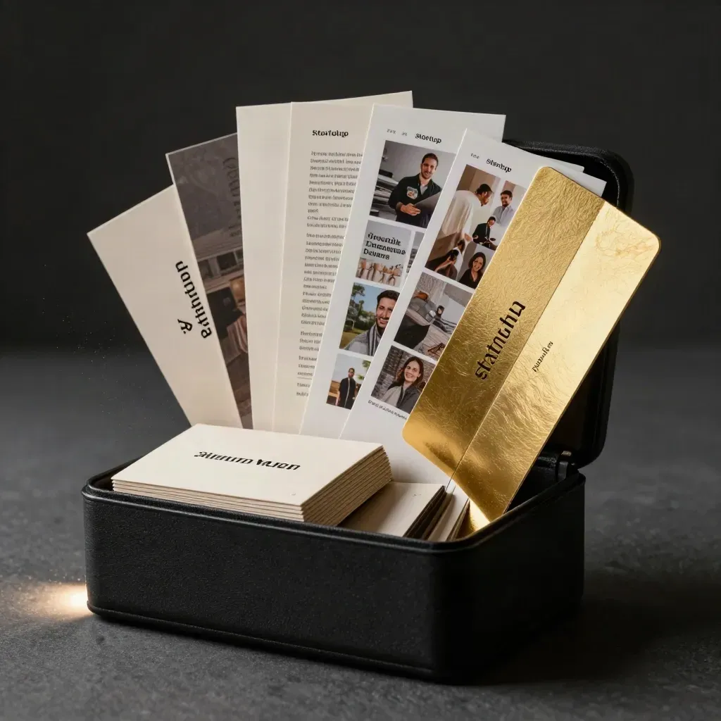 Luxury brand bundle case with logo boards, swatches, web layouts and social tiles on a dark studio plinth.