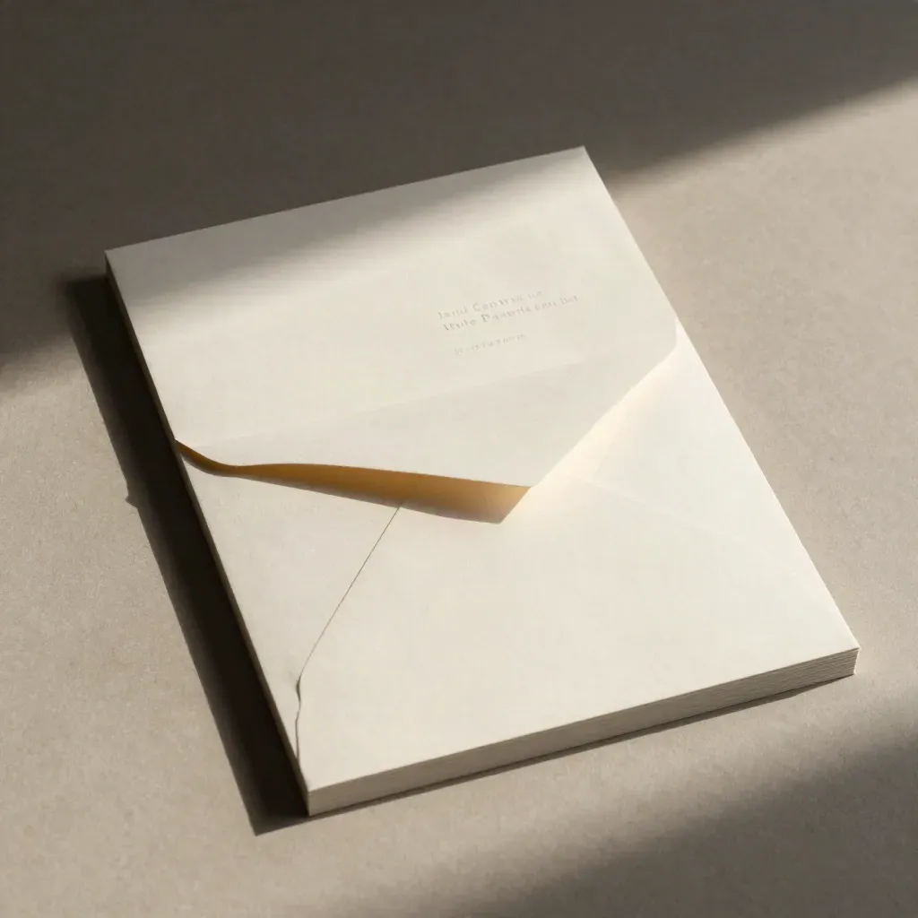 Overhead print-ready flyer, card and envelope mockups in a neat gold-accented flatlay.